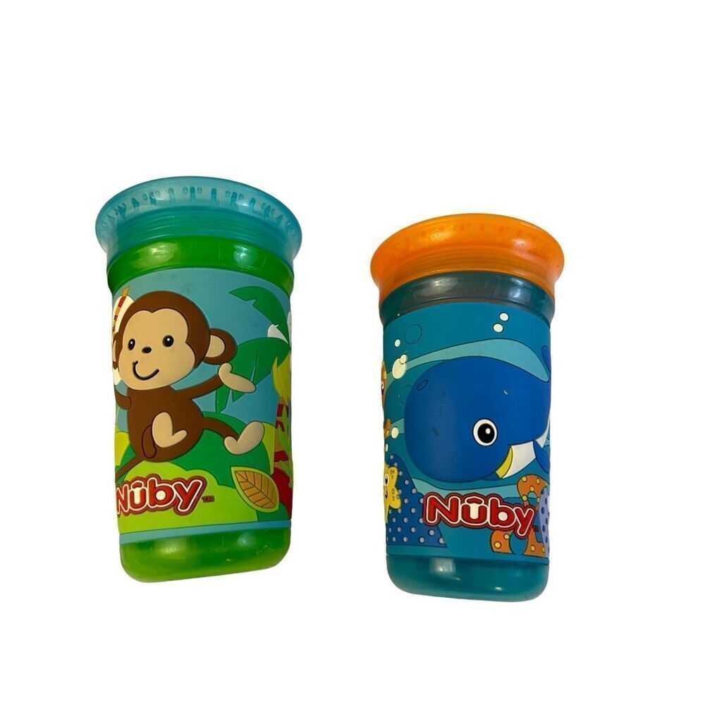 2 Nuby sippy cups Monkey & Sea Creature Blue Orange lot‎ 2016